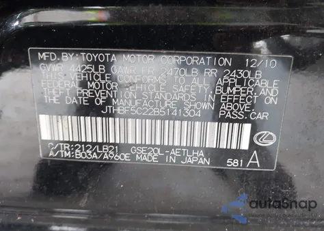 2011 Lexus Is 250 from USA, damaged, VIN JTHBF5C22B5141304